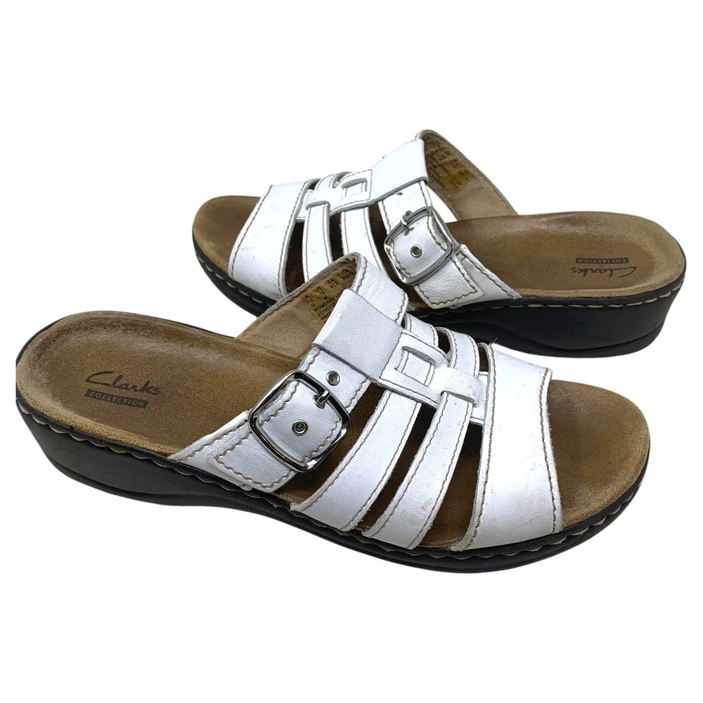 Clarks Collection Sz 10 White Leather Comfort Slide Sandals Buckle Platform Mule